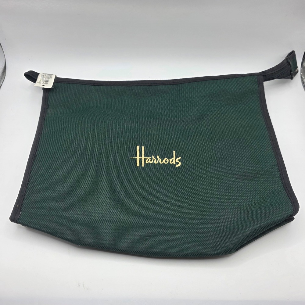 Harrods London Forest Green Canvas Zip Pouch Toiletry Bag Gold Embroidered Logo
